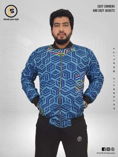 Man wearing a vibrant blue bomber jacket with a geometric pattern. The intricate blue and green cube design gives a modern, textured look. Branding texts 'Cozy Corners and Cozy Jackets' and 'Authentic Quality' are overlaid, with 'Faiha's Style' subtly incorporated in the background.