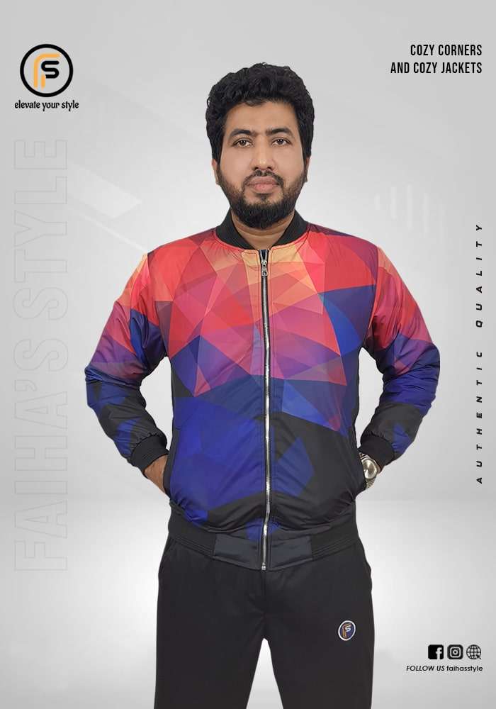 Man in a colorful bomber jacket featuring abstract, overlapping triangular patterns in shades of orange, green, and blue. The jacket has a bold, eye-catching design, with text overlays like 'Cozy Corners and Cozy Jackets' and 'Authentic Quality.' The brand name 'Faiha's Style' is partially visible on the left side.