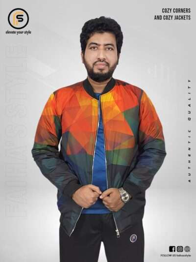 Man in a colorful bomber jacket featuring abstract, overlapping triangular patterns in shades of orange, green, and blue. The jacket has a bold, eye-catching design, with text overlays like 'Cozy Corners and Cozy Jackets' and 'Authentic Quality.' The brand name 'Faiha's Style' is partially visible on the left side.