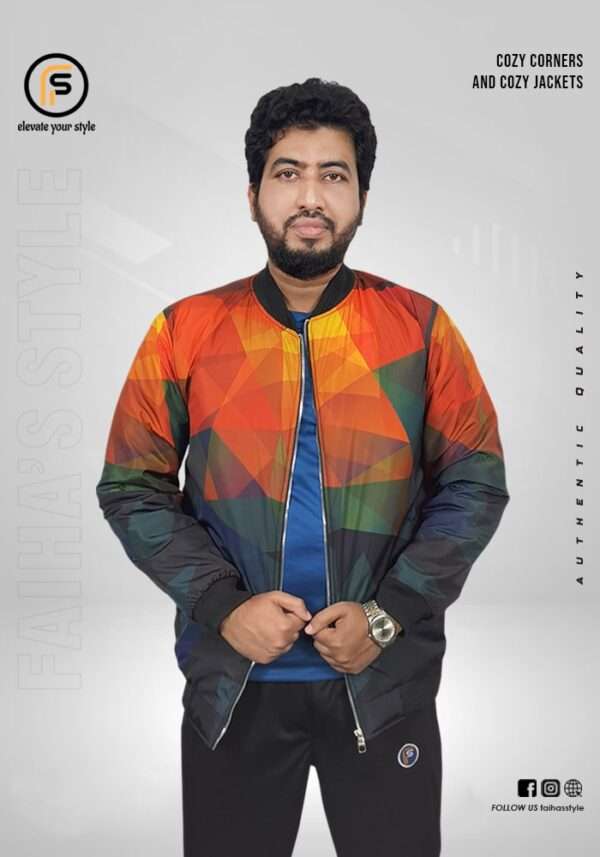 Man in a colorful bomber jacket featuring abstract, overlapping triangular patterns in shades of orange, green, and blue. The jacket has a bold, eye-catching design, with text overlays like 'Cozy Corners and Cozy Jackets' and 'Authentic Quality.' The brand name 'Faiha's Style' is partially visible on the left side.