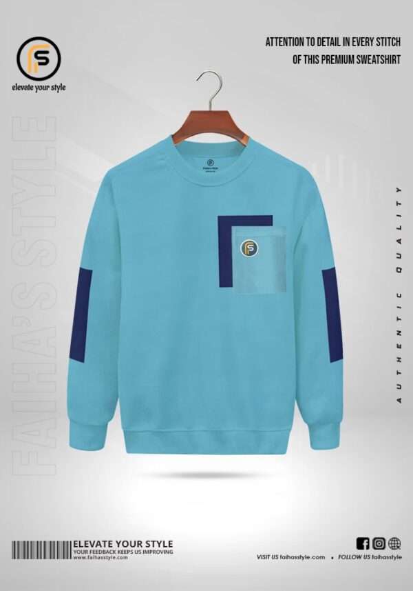 Stylish Sky Blue sweatshirt with a green patch on the chest, perfect for casual wear in Bangladesh. Crafted from high-quality fabric, this modern sweatshirt offers comfort and versatility, ideal for both men and women.