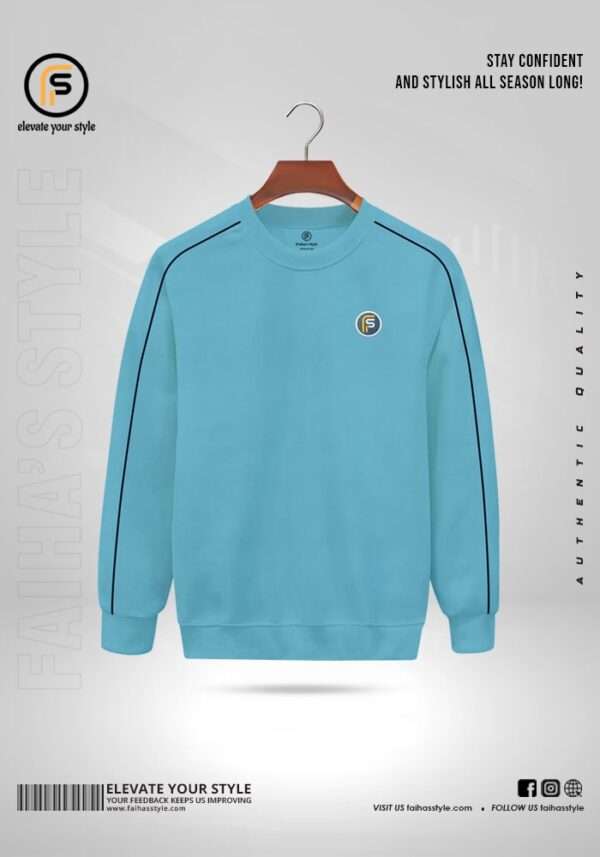 Front view of a Sky Blue sweatshirt with dark trim on a hanger, featuring a small circular logo on the chest. Text around reads "Elevate Your Style" and "Authentic Quality." Discover unmatched style at an unbeatable sweatshirt price in BD.