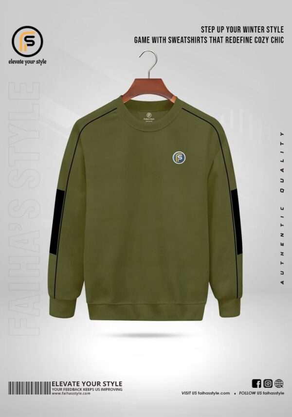 Olive sweatshirt, black stripes, logo, men's fashion, casual wear, comfortable clothing, online shopping.