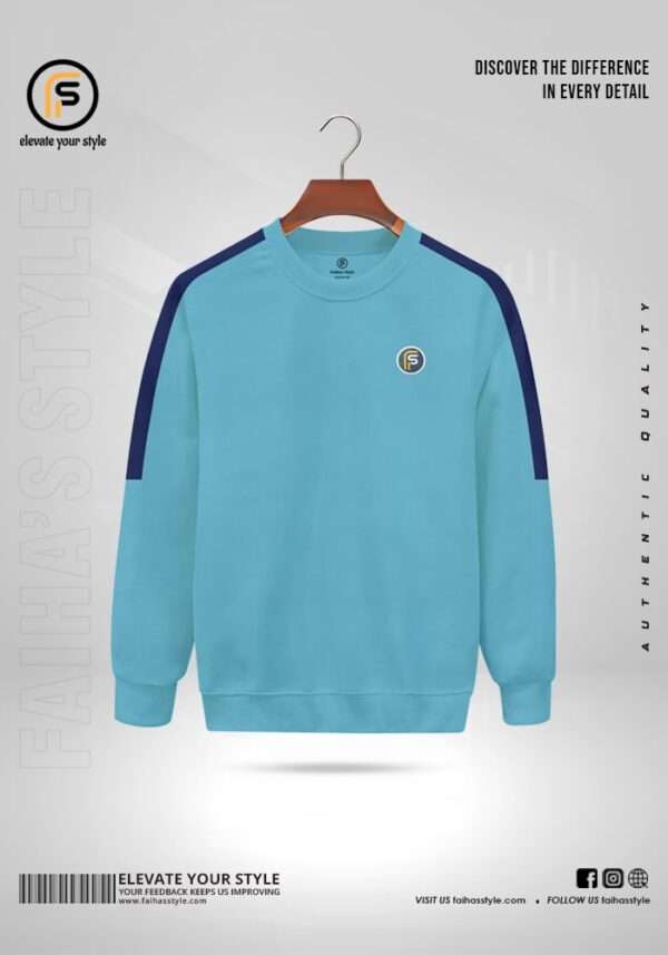 Light Blue crewneck sweatshirt with Petrol contrasting sleeves, a small embroidered 'F' logo on the chest, and a ribbed hem and cuffs.