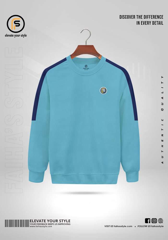 Light Blue crewneck sweatshirt with Petrol contrasting sleeves, a small embroidered 'F' logo on the chest, and a ribbed hem and cuffs.