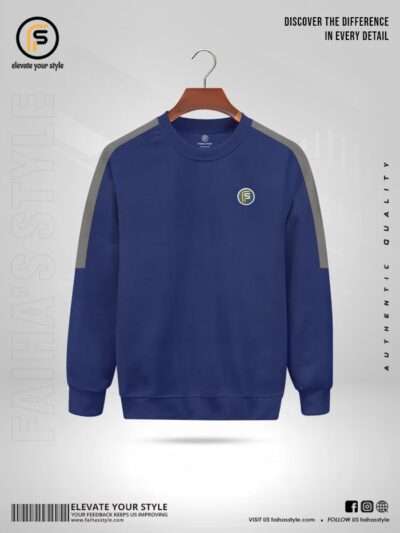 Petrol crewneck sweatshirt with grey contrasting sleeves, a small embroidered 'F' logo on the chest, and a ribbed hem and cuffs.