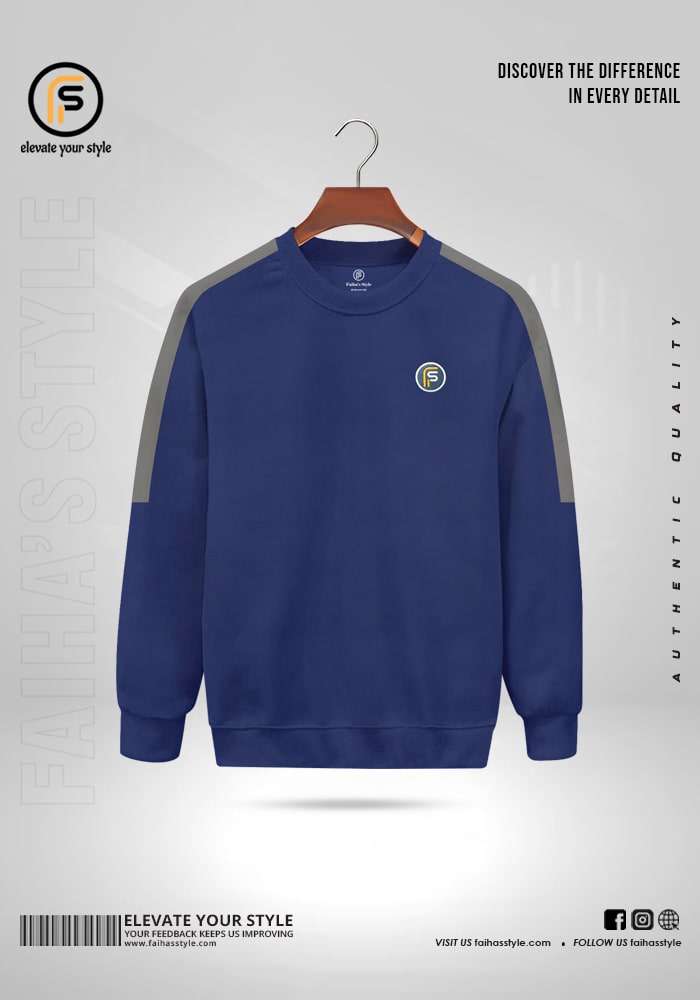 Petrol crewneck sweatshirt with grey contrasting sleeves, a small embroidered 'F' logo on the chest, and a ribbed hem and cuffs.