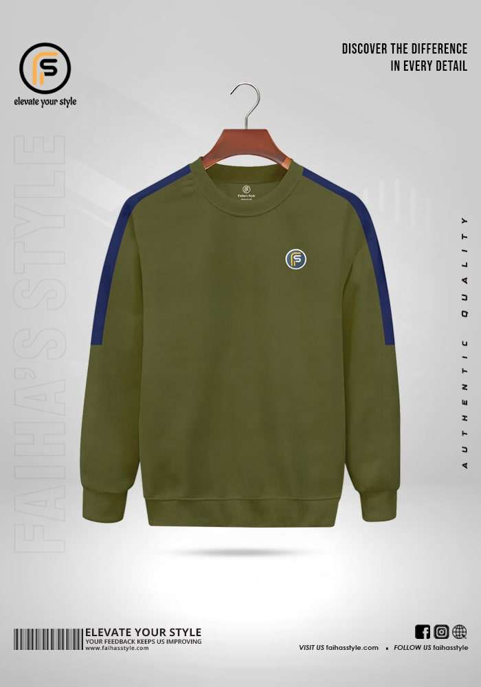 Olive crewneck sweatshirt with petrol contrasting sleeves, a small embroidered 'F' logo on the chest, and a ribbed hem and cuffs.