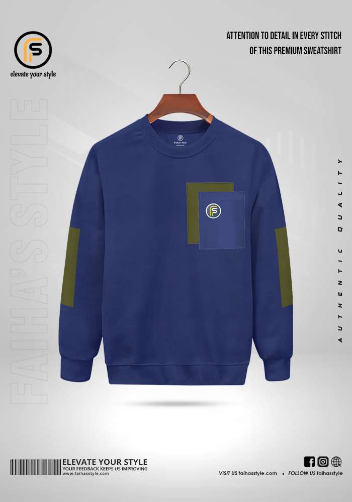 Stylish petrol sweatshirt with a green patch on the chest, perfect for casual wear in Bangladesh. Crafted from high-quality fabric, this modern sweatshirt offers comfort and versatility, ideal for both men and women.