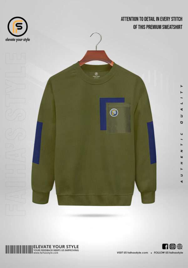 Stylish olive sweatshirt with a green patch on the chest, perfect for casual wear in Bangladesh. Crafted from high-quality fabric, this modern sweatshirt offers comfort and versatility, ideal for both men and women.