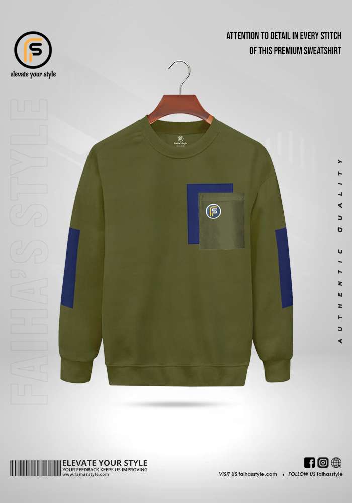 Stylish olive sweatshirt with a green patch on the chest, perfect for casual wear in Bangladesh. Crafted from high-quality fabric, this modern sweatshirt offers comfort and versatility, ideal for both men and women.