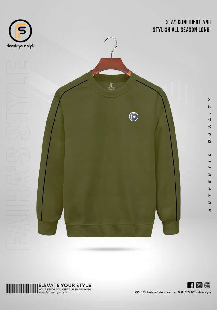 Front view of a olive sweatshirt with dark trim on a hanger, featuring a small circular logo on the chest. Text around reads "Elevate Your Style" and "Authentic Quality." Discover unmatched style at an unbeatable sweatshirt price in BD.