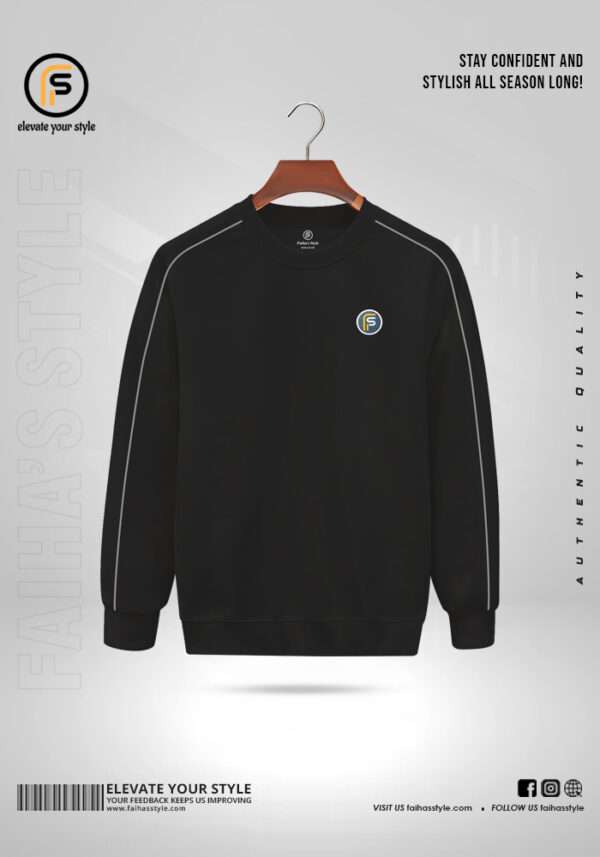 Front view of a Black sweatshirt with dark trim on a hanger, featuring a small circular logo on the chest. Text around reads "Elevate Your Style" and "Authentic Quality." Discover unmatched style at an unbeatable sweatshirt price in BD.