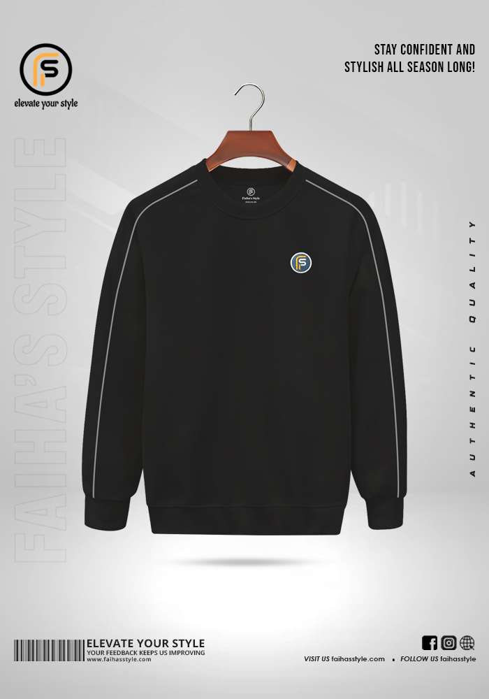 Front view of a Black sweatshirt with dark trim on a hanger, featuring a small circular logo on the chest. Text around reads "Elevate Your Style" and "Authentic Quality." Discover unmatched style at an unbeatable sweatshirt price in BD.