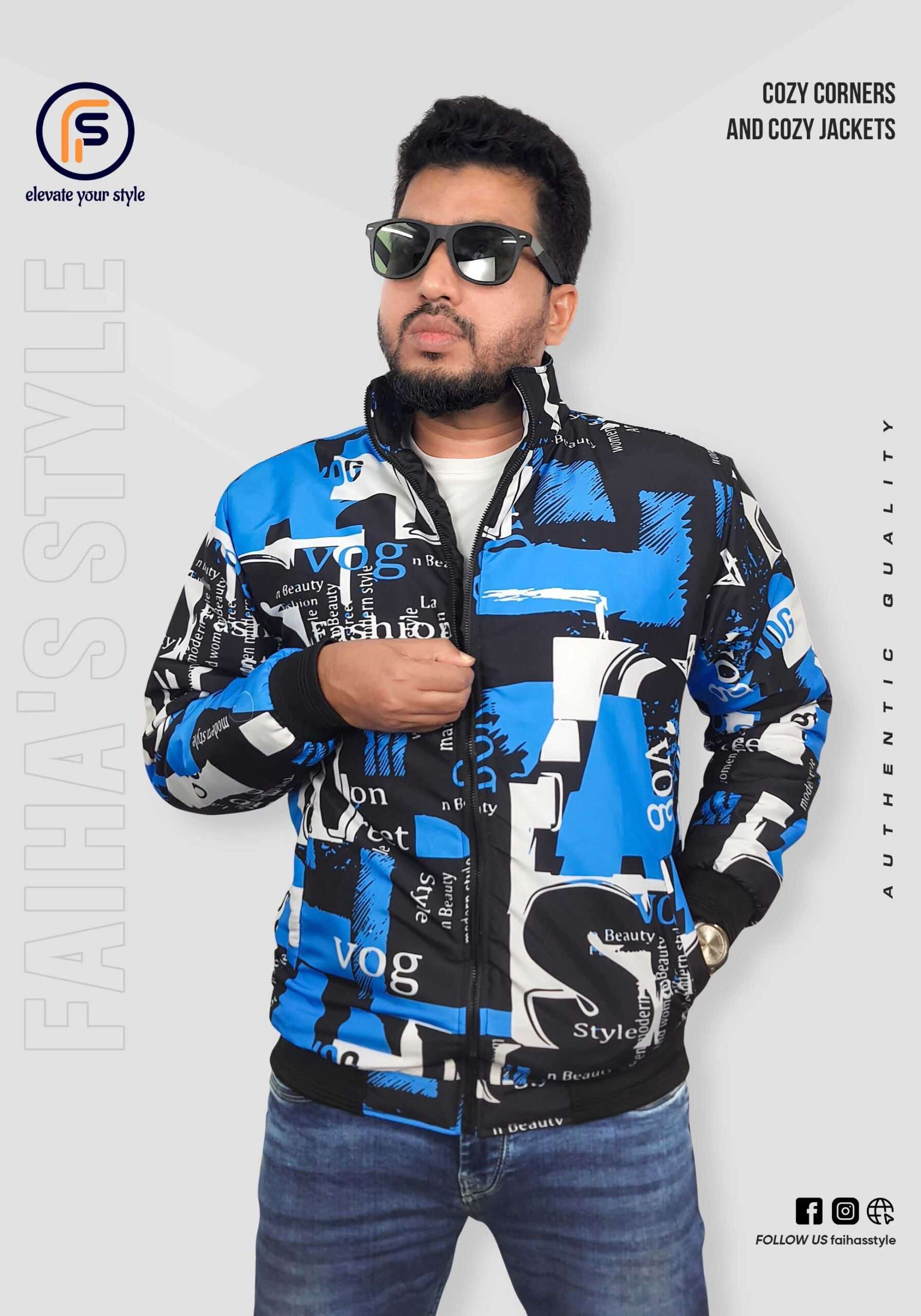 A man dressed in a printed jacket, exemplifying modern fashion trends and individual expression through clothing.