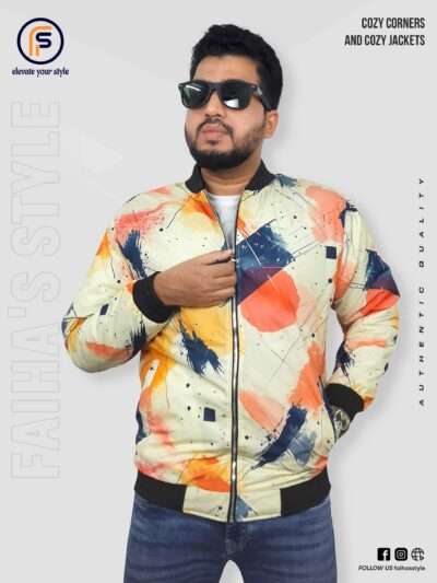 A model wearing a premium Men's Jacket designed in abstract brash painting, orange, blue and mix of yellow