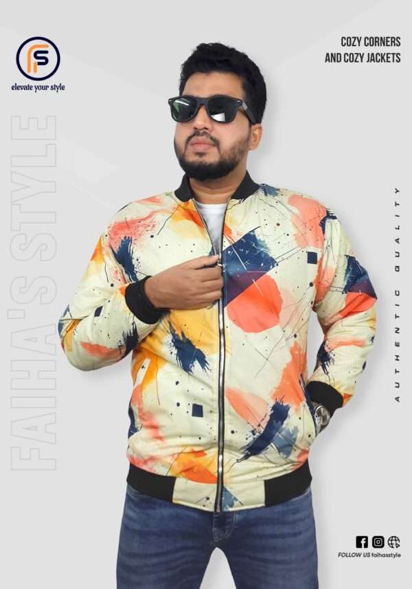 A model wearing a premium Men's Jacket designed in abstract brash painting, orange, blue and mix of yellow