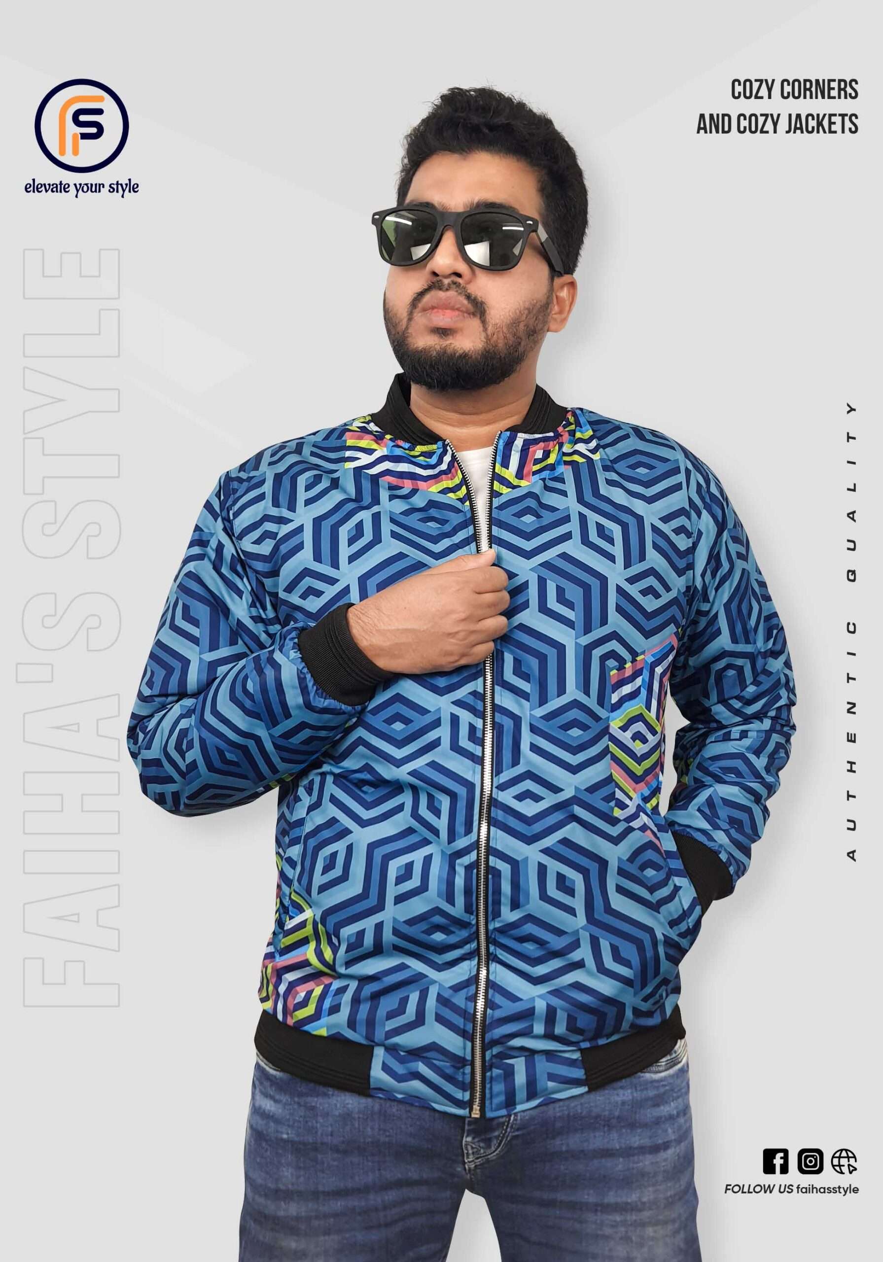 Man wearing a vibrant blue bomber jacket with a geometric pattern. The intricate blue and green cube design gives a modern, textured look. Branding texts 'Cozy Corners and Cozy Jackets' and 'Authentic Quality' are overlaid, with 'Faiha's Style' subtly incorporated in the background.