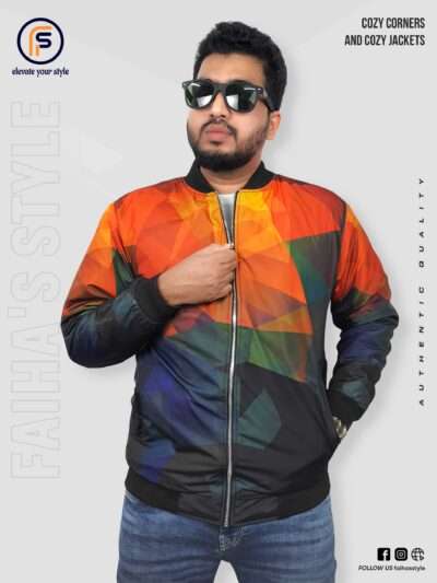 Man in a colorful bomber jacket featuring abstract, overlapping triangular patterns in shades of orange, green, and blue. The jacket has a bold, eye-catching design, with text overlays like 'Cozy Corners and Cozy Jackets' and 'Authentic Quality.' The brand name 'Faiha's Style' is partially visible on the left side.