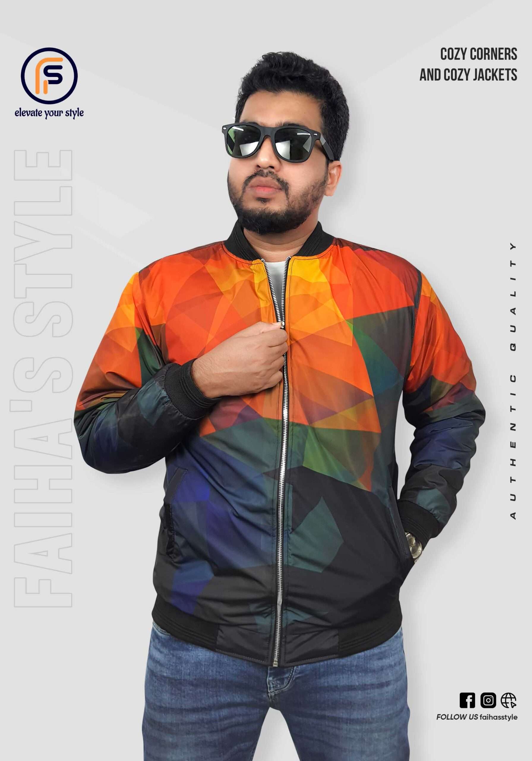 Man in a colorful bomber jacket featuring abstract, overlapping triangular patterns in shades of orange, green, and blue. The jacket has a bold, eye-catching design, with text overlays like 'Cozy Corners and Cozy Jackets' and 'Authentic Quality.' The brand name 'Faiha's Style' is partially visible on the left side.