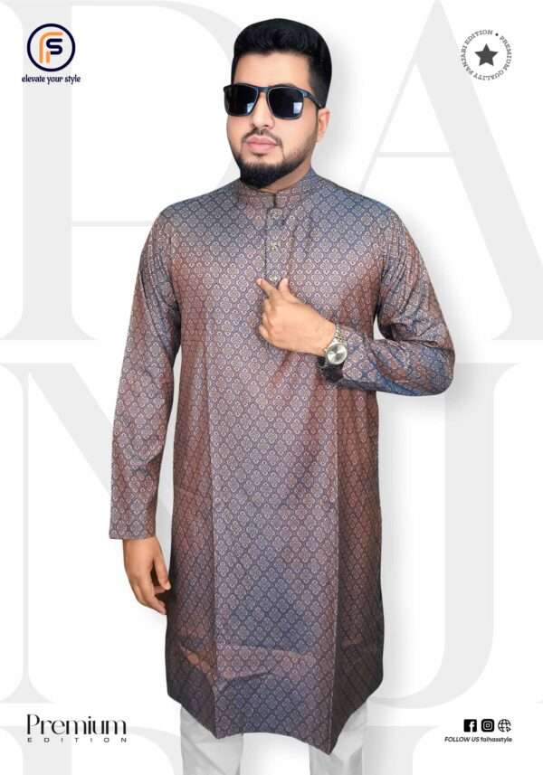 Men's Deep Ash Charcoal Texture Printed Punjabi - Faihas Premium Faihas deep ash charcoal printed texture punjabi soft cotton with snap buttons