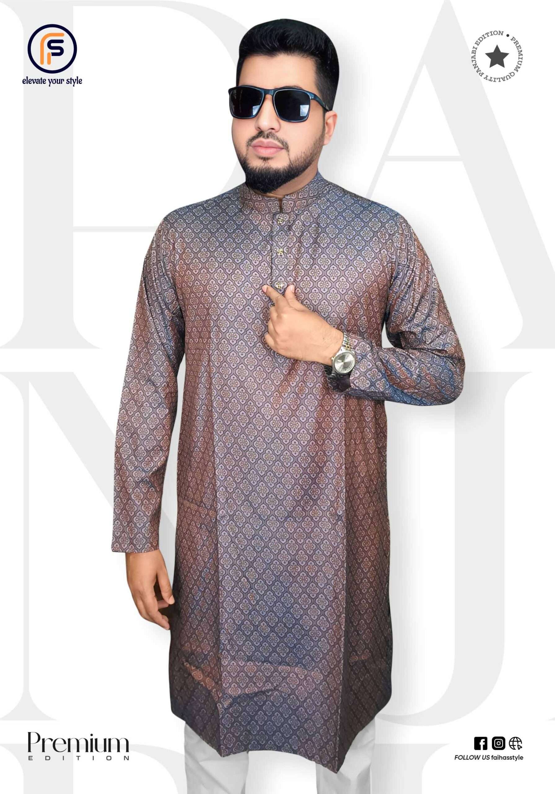 Faihas deep ash charcoal printed texture punjabi soft cotton with snap buttons