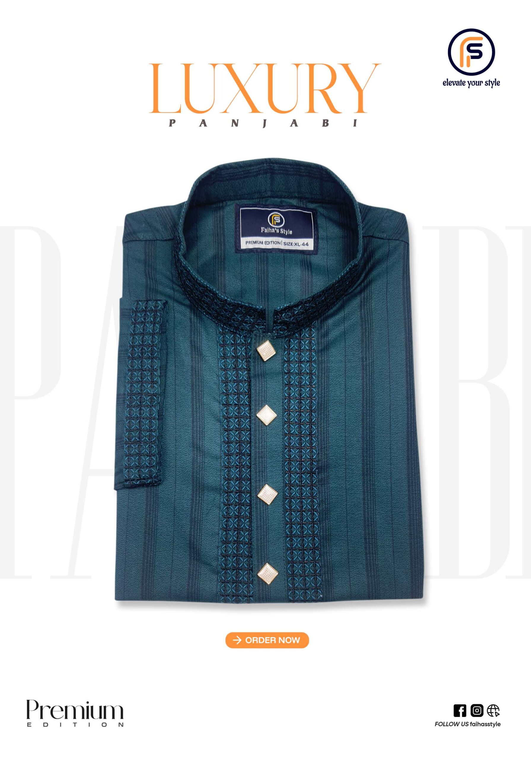 Faiha’s Premium Strip Edition Panjabi in deep petrol color made with Indian cotton jacquard stripe fabric and premium embroidery