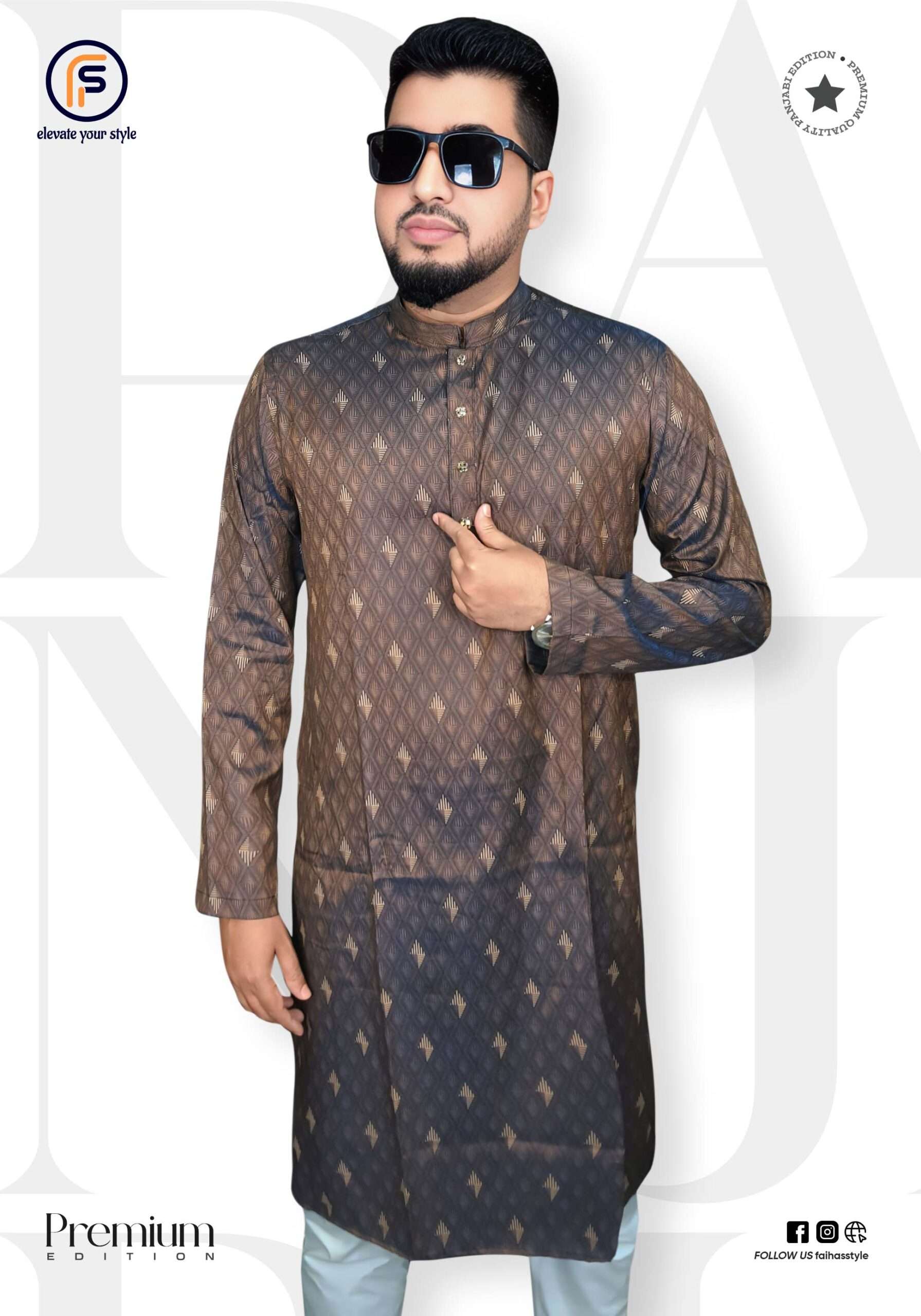 “Faihas exclusive olive printed Punjabi kurta for men, soft cotton texture”