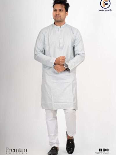 Faiha Style exclusive panjabi sky blue checkered imported Indian cotton with metal snap buttons and mandarin collar