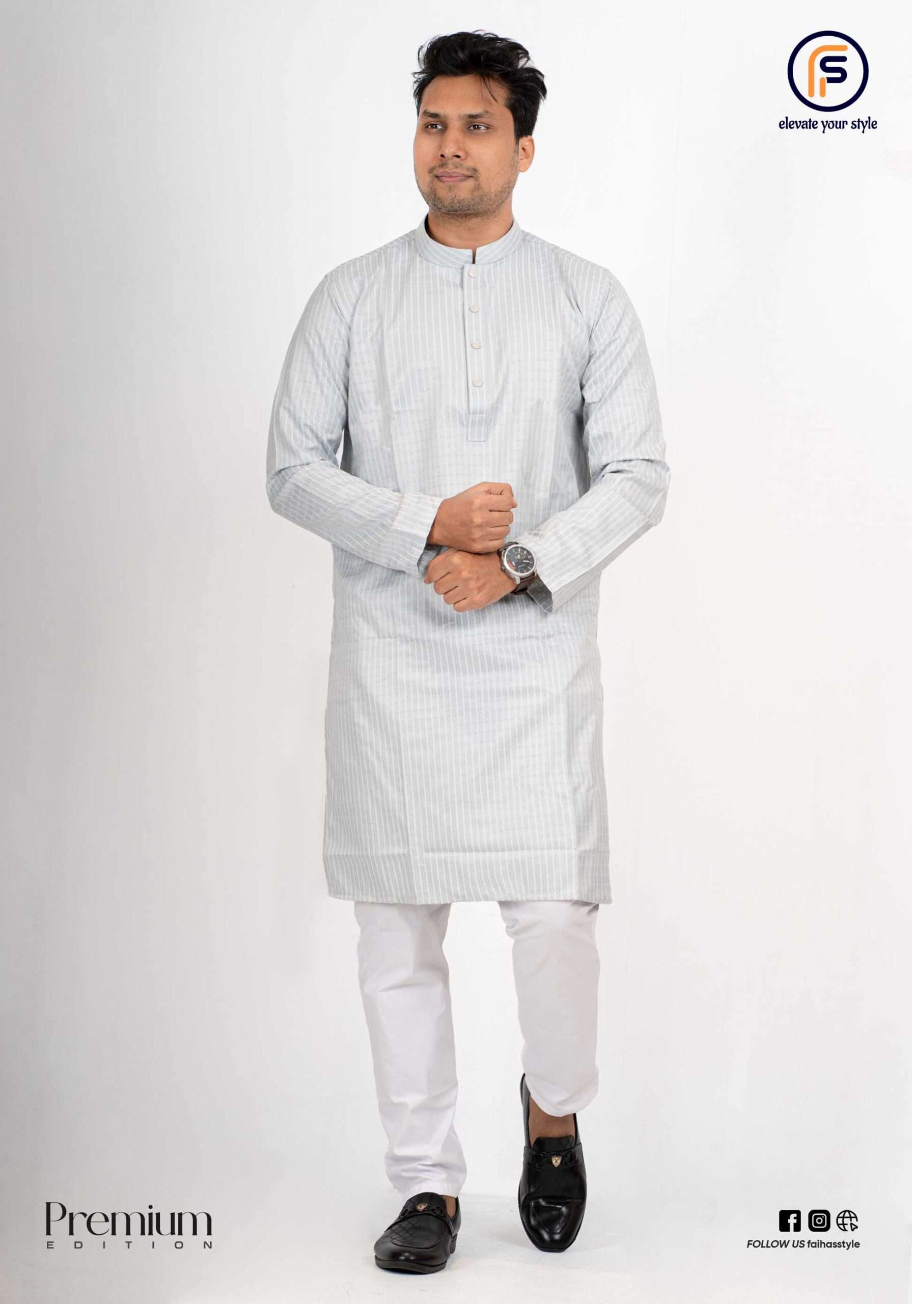 Faiha Style exclusive panjabi sky blue checkered imported Indian cotton with metal snap buttons and mandarin collar