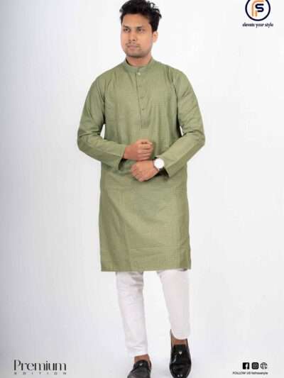 Faiha Style olive green checkered panjabi imported Indian cotton jacquard texture mandarin collar metal snap button