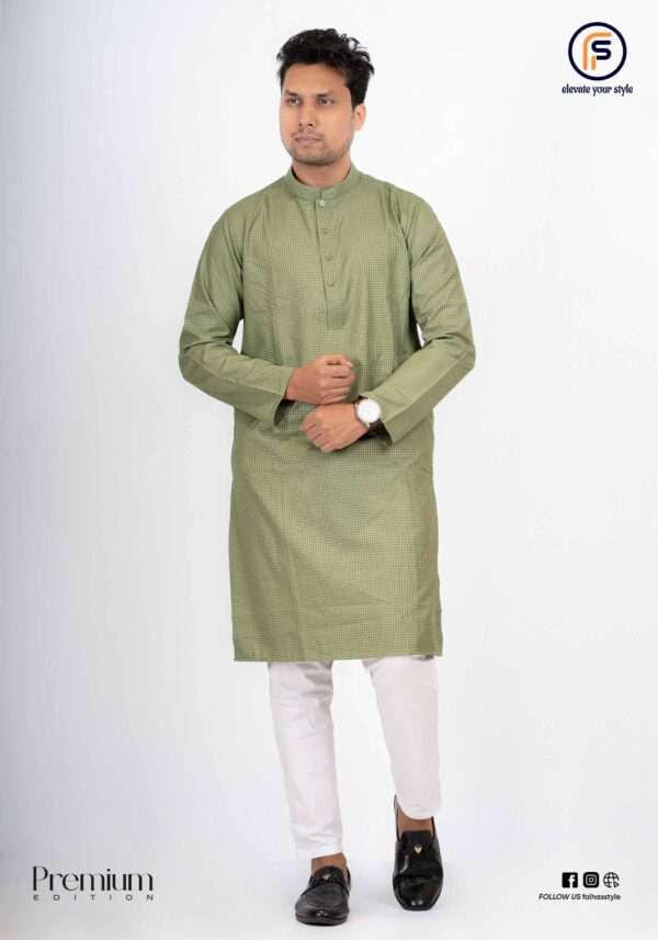 Olive Green Check Panjabi – Exclusive Panjabi Edition | Faiha Style Faiha Style olive green checkered panjabi imported Indian cotton jacquard texture mandarin collar metal snap button