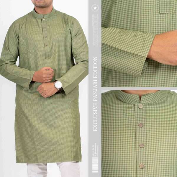 Olive Green Premium Check Panjabi Full Look | Faiha Style Men wearing olive green checkered premium panjabi with white pajama and black loafers Faiha Style Premium Edition