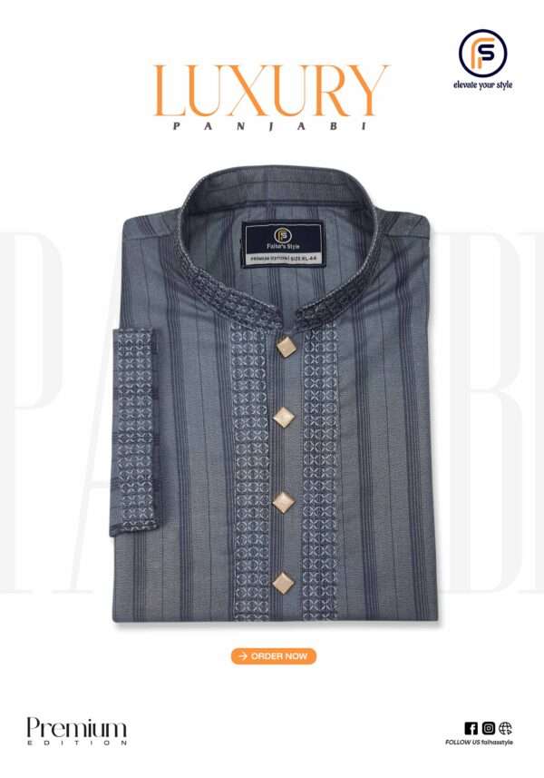 Faiha’s Premium Strip Edition Panjabi in steel Ash color with jacquard stripe Indian cotton fabric and luxury embroidery