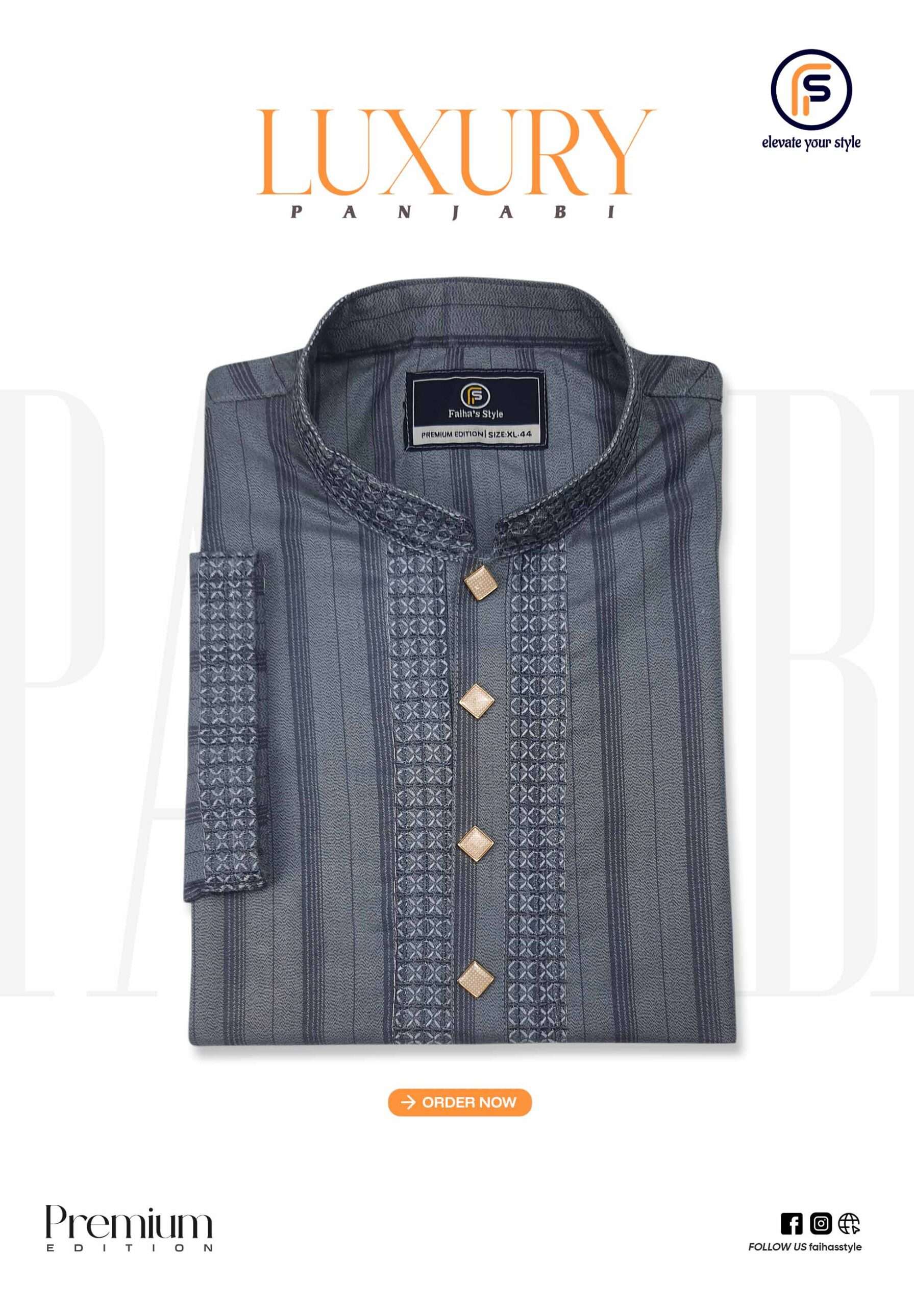 Faiha’s Premium Strip Edition Panjabi in steel Ash color with jacquard stripe Indian cotton fabric and luxury embroidery