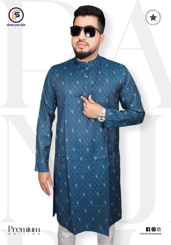 Premium Soft Cotton Kurta for Men “Faihas petrol blue printed Punjabi, all-over multi-color design”