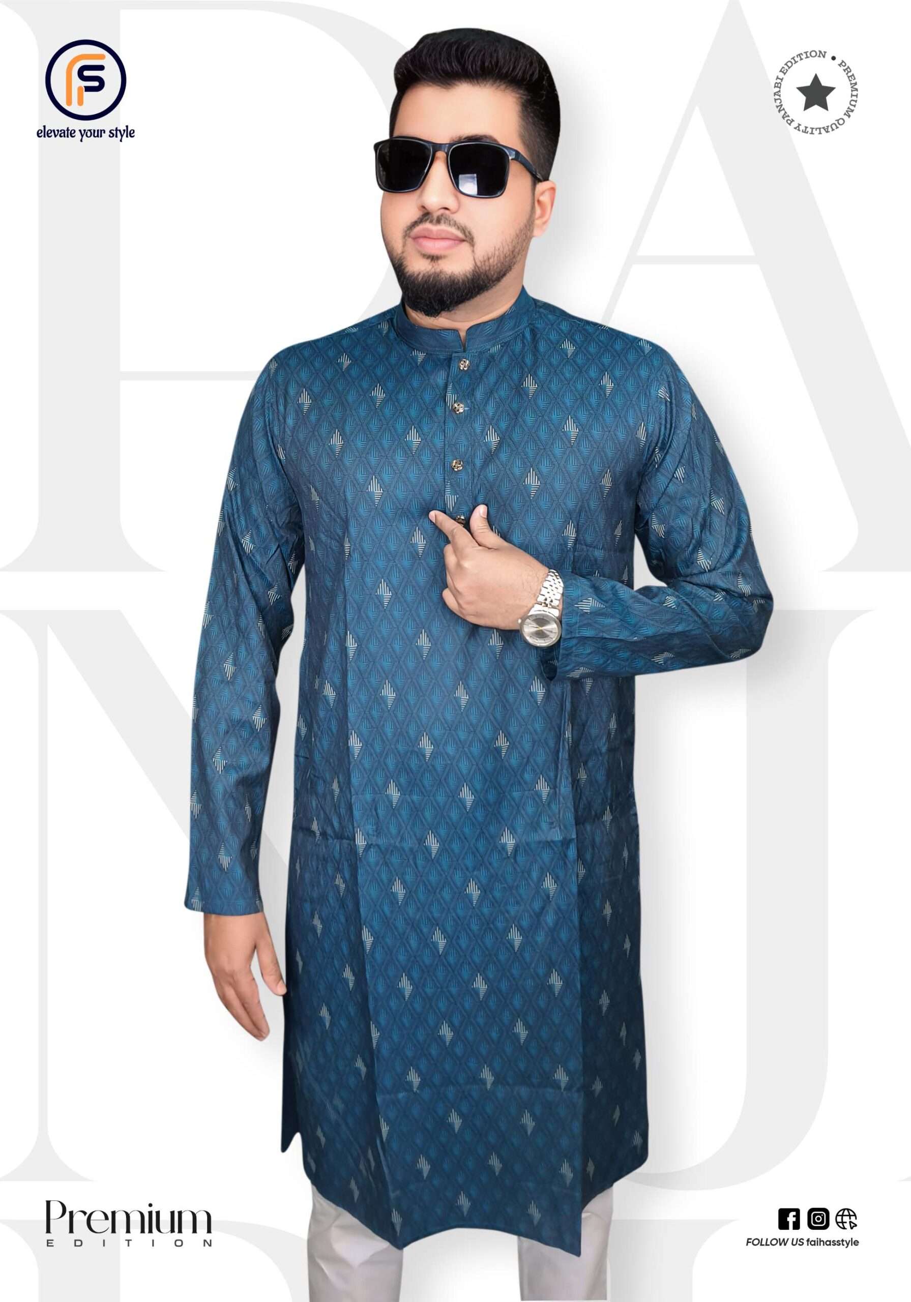 “Faihas petrol blue printed Punjabi, all-over multi-color design”