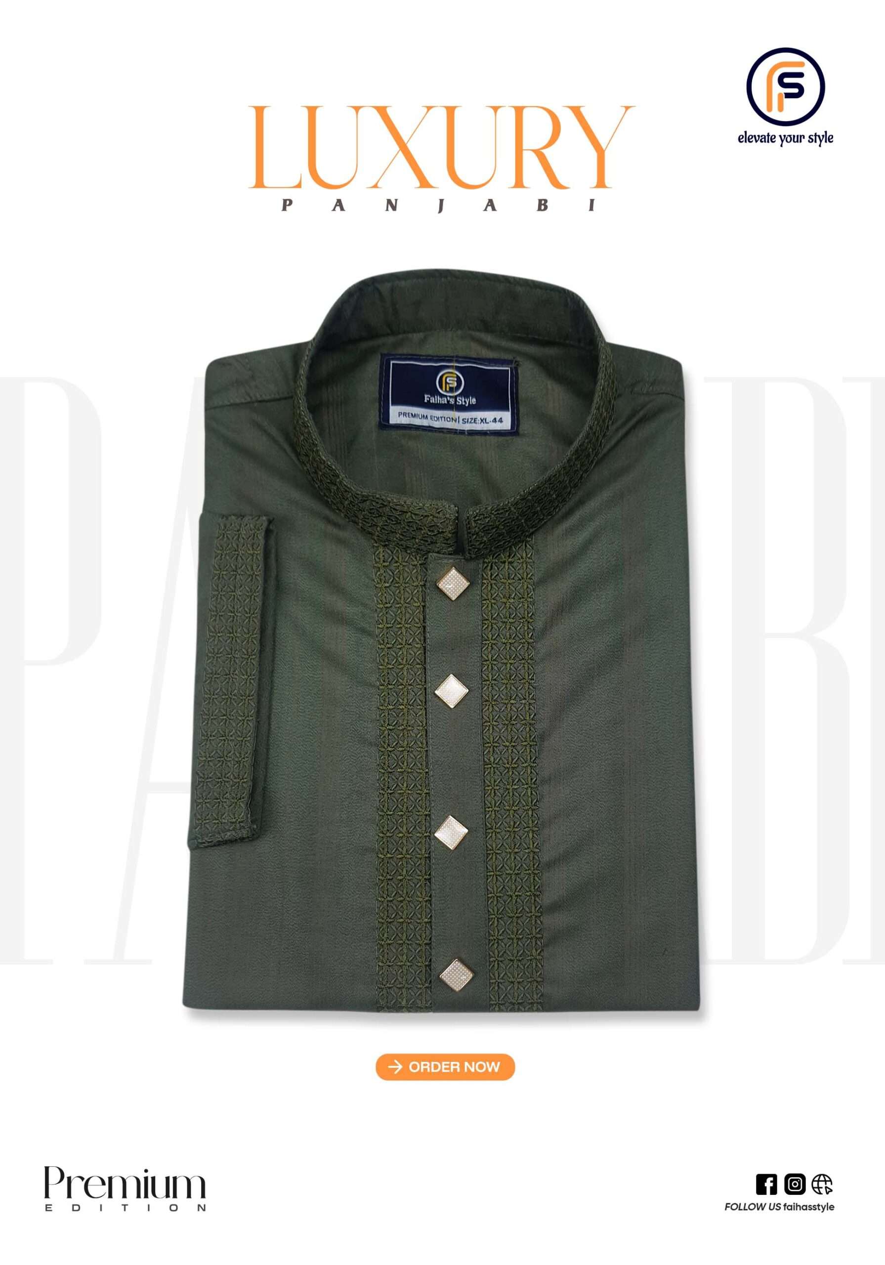 Luxury olive color premium Panjabi by Faiha’s Style with elegant design and refined finishing