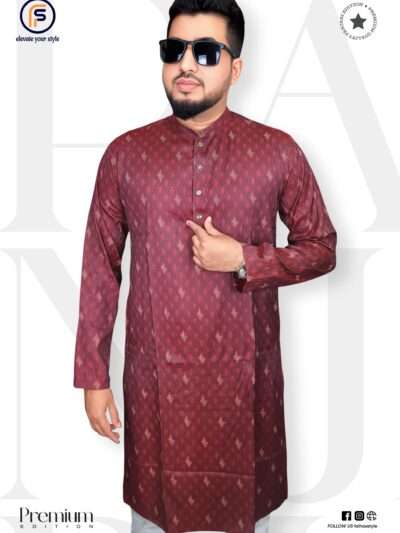Faihas Exclusive Printed Punjabi – Premium Soft Cotton Kurta for Men “Faihas maroon colored printed Punjabi kurta with snap buttons”