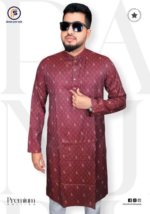 Faihas Exclusive Printed Punjabi – Premium Soft Cotton Kurta for Men “Faihas maroon colored printed Punjabi kurta with snap buttons”