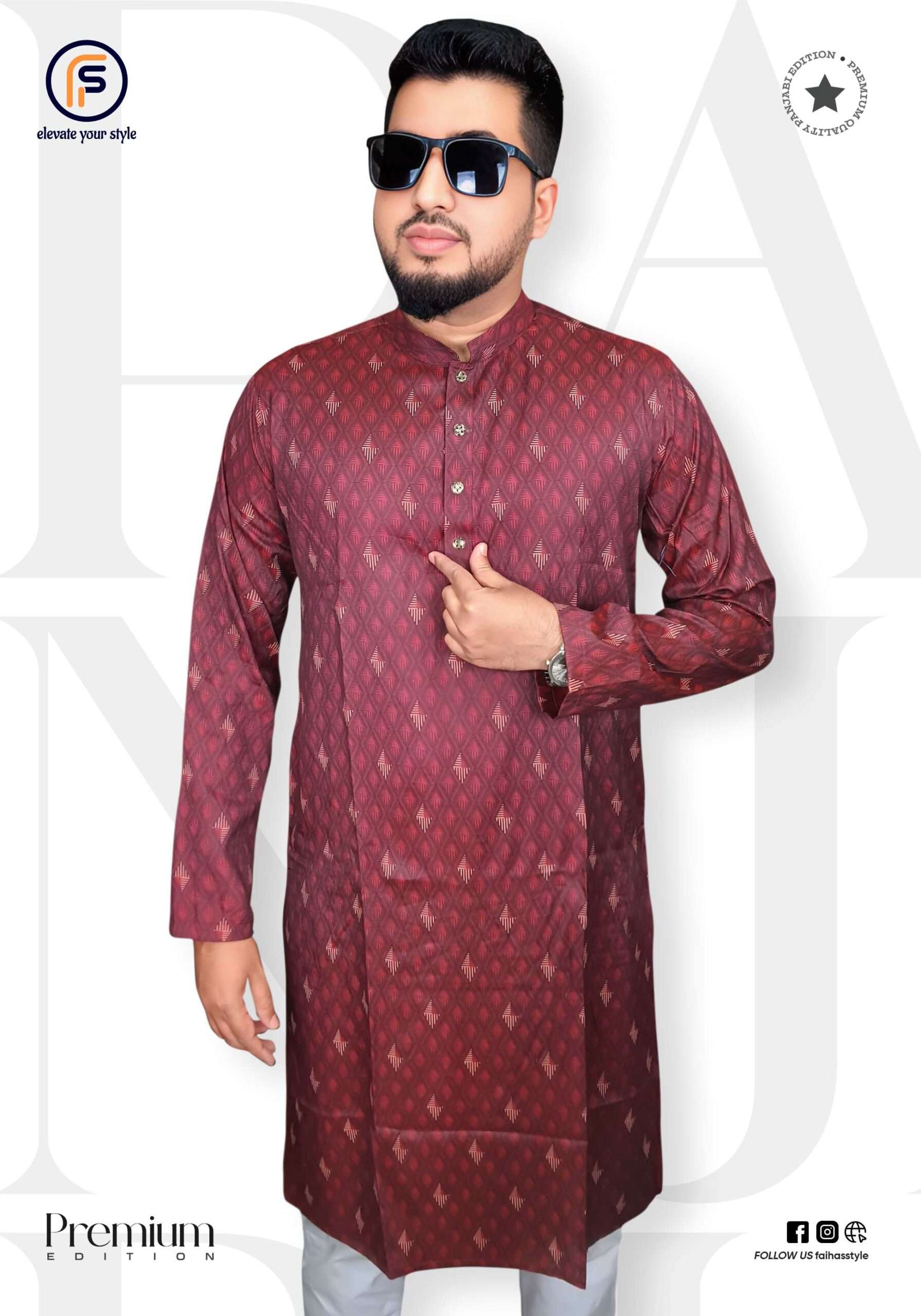 “Faihas maroon colored printed Punjabi kurta with snap buttons”