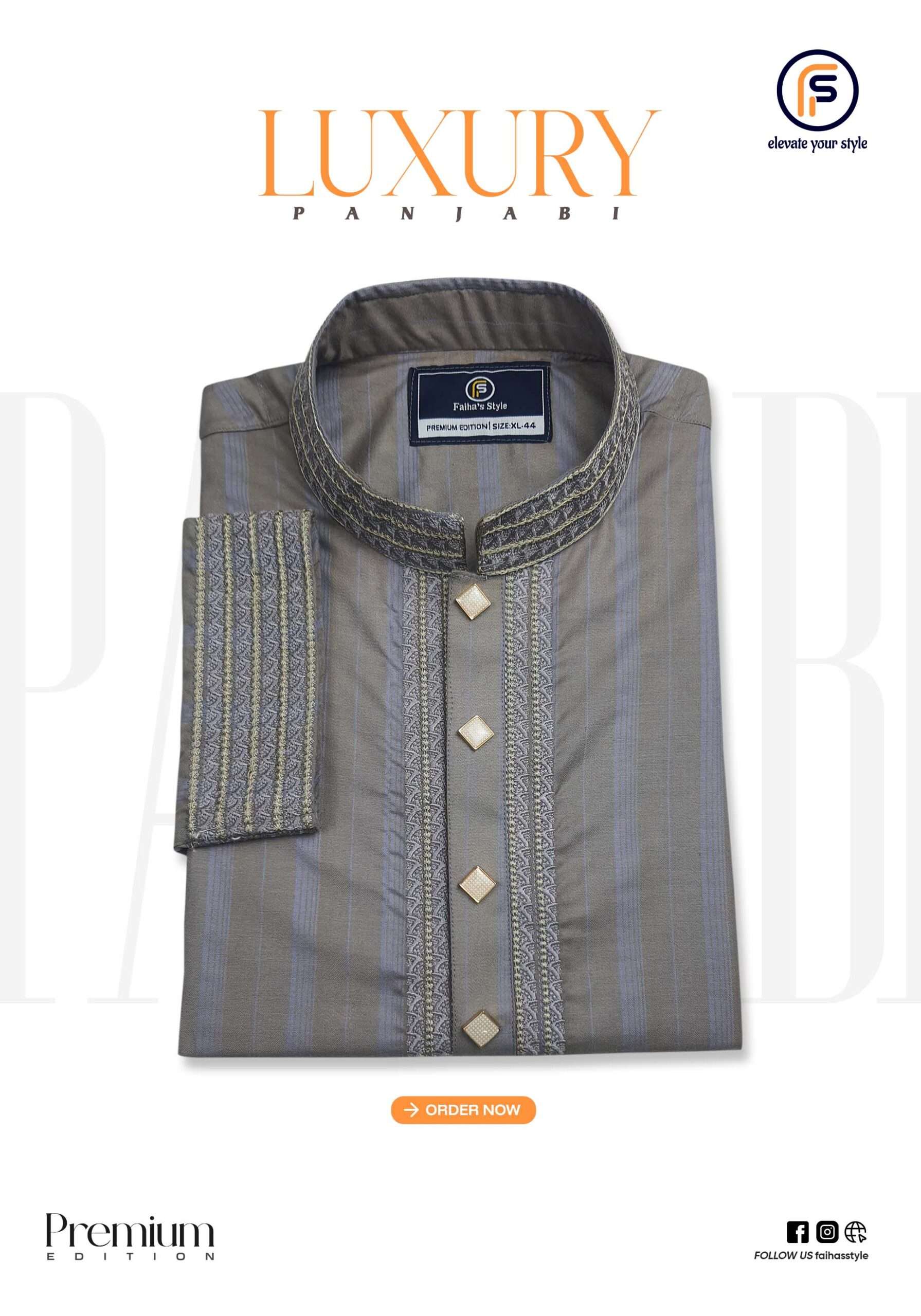 Faiha’s Premium Strip Edition Panjabi in deep ash color made with Indian cotton jacquard stripe fabric and premium embroidery