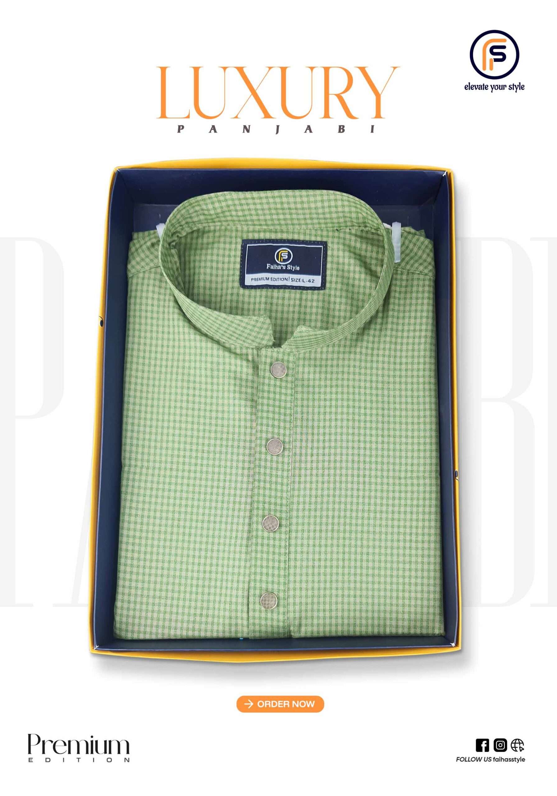 Premium Indian cotton Panjabi with jacquard stripe design, embroidery, and tailored finishing by Faiha’s Style