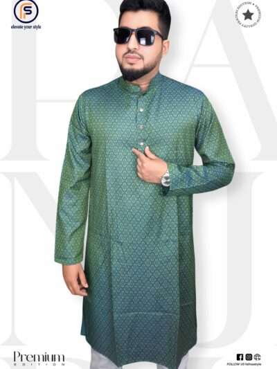 Olive Exclusive Printed Texture Cotton Panjabi – Men's Premium Wear | Faiha's Style Olive printed texture panjabi for men in soft cotton fabric – Faiha's Style premium edition with multi-color all-over prints.