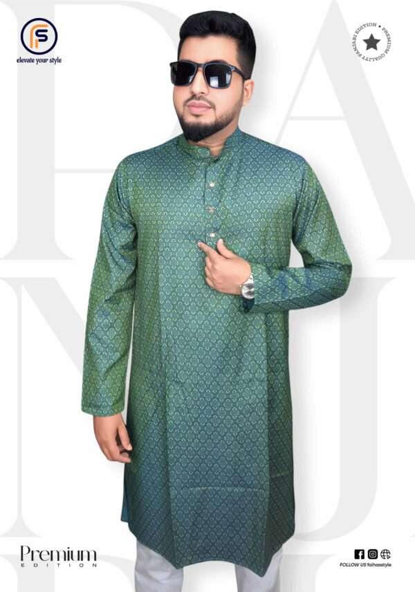Olive Exclusive Printed Texture Cotton Panjabi – Men's Premium Wear | Faiha's Style Olive printed texture panjabi for men in soft cotton fabric – Faiha's Style premium edition with multi-color all-over prints.