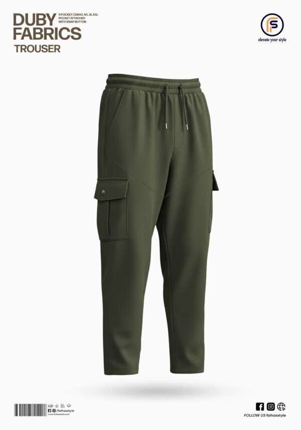High-resolution detail of baggy cargo trousers in Duby premium fabric, displaying label, stitching, and material sheen