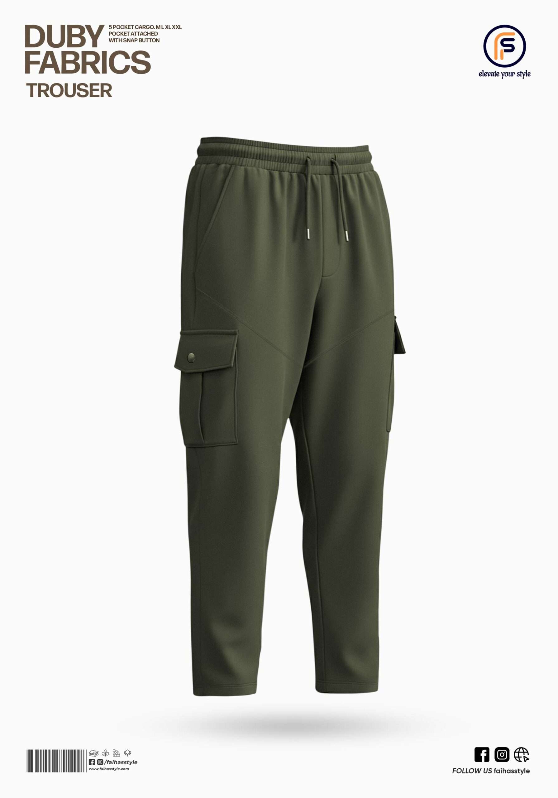 High-resolution detail of baggy cargo trousers in Duby premium fabric, displaying label, stitching, and material sheen