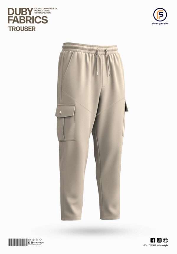 Close-up of premium Duby Fabrics cargo trouser detail showing textured fabric, pocket stitching, and label for men's baggy pants