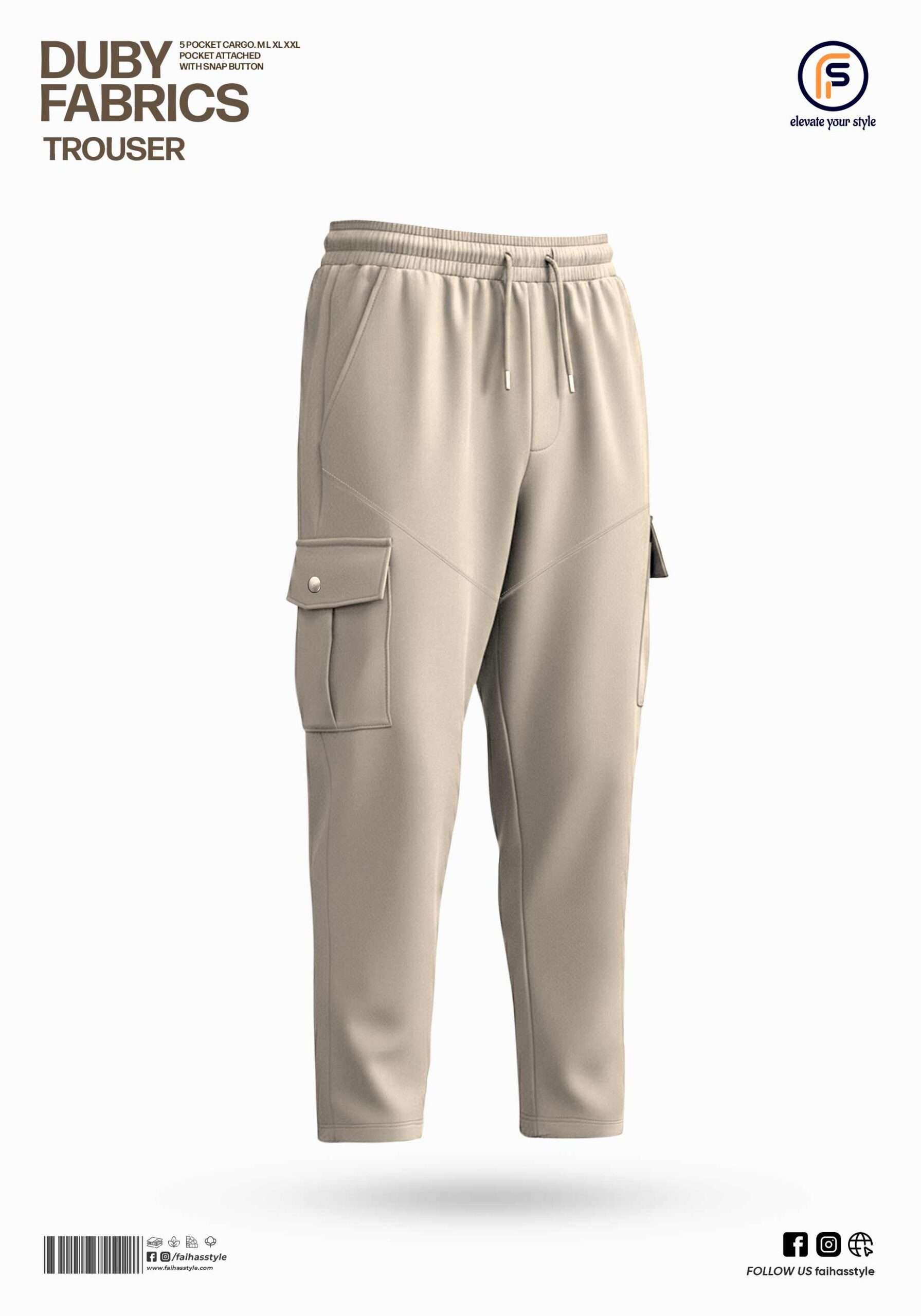 Close-up of premium Duby Fabrics cargo trouser detail showing textured fabric, pocket stitching, and label for men's baggy pants