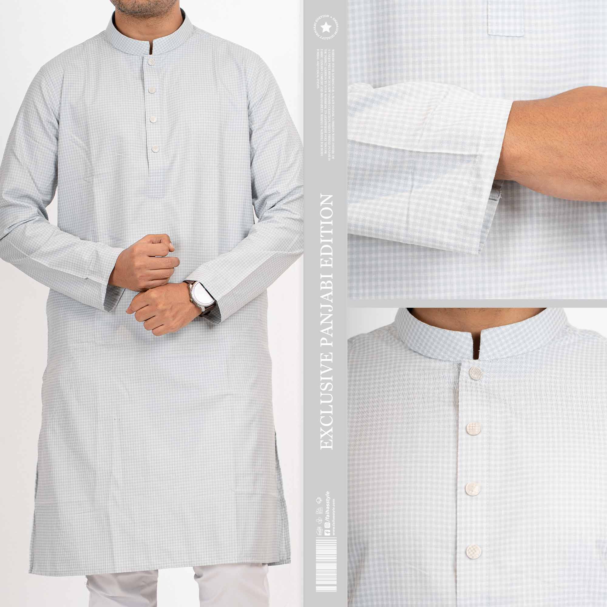 Indian Cotton Panjabi – Sky Blue Check